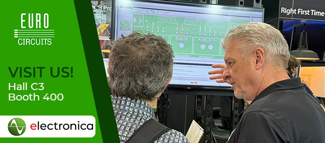 Eurocircuits electronica campaign showing a face-to-face engineering discussion and Hall C3, Booth 400