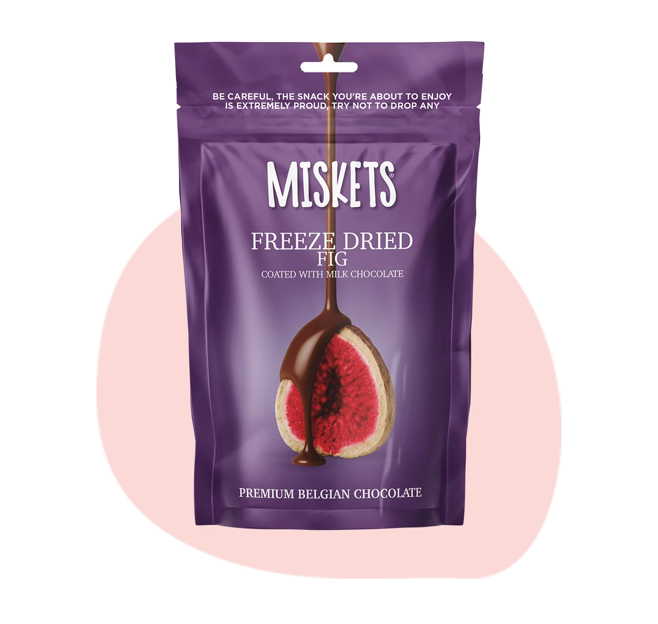 Miskets Freeze-Dried Fig coated in milk chocolate, in a purple retail pack