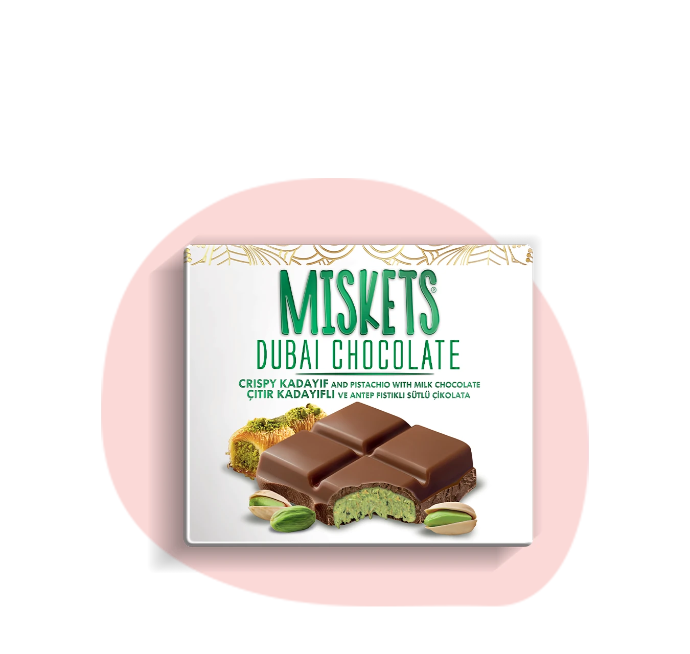 Miskets Dubai Chocolate pack showing milk chocolate with crispy kadayif and pistachio filling
