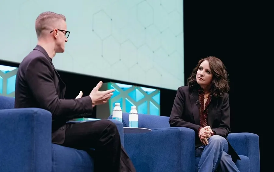 Greenbuild 2025 opening keynote on the main stage in Los Angeles, featuring Julia Louis-Dreyfus; photo credited to Greenbuild by TSNN.