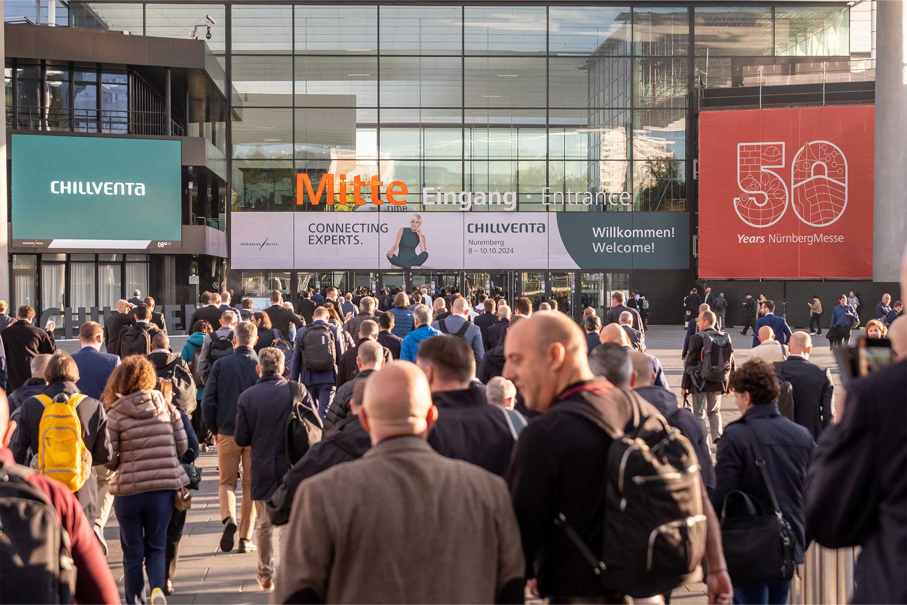 Visitors arriving at the exhibition venue during Chillventa 2024 in Nuremberg.