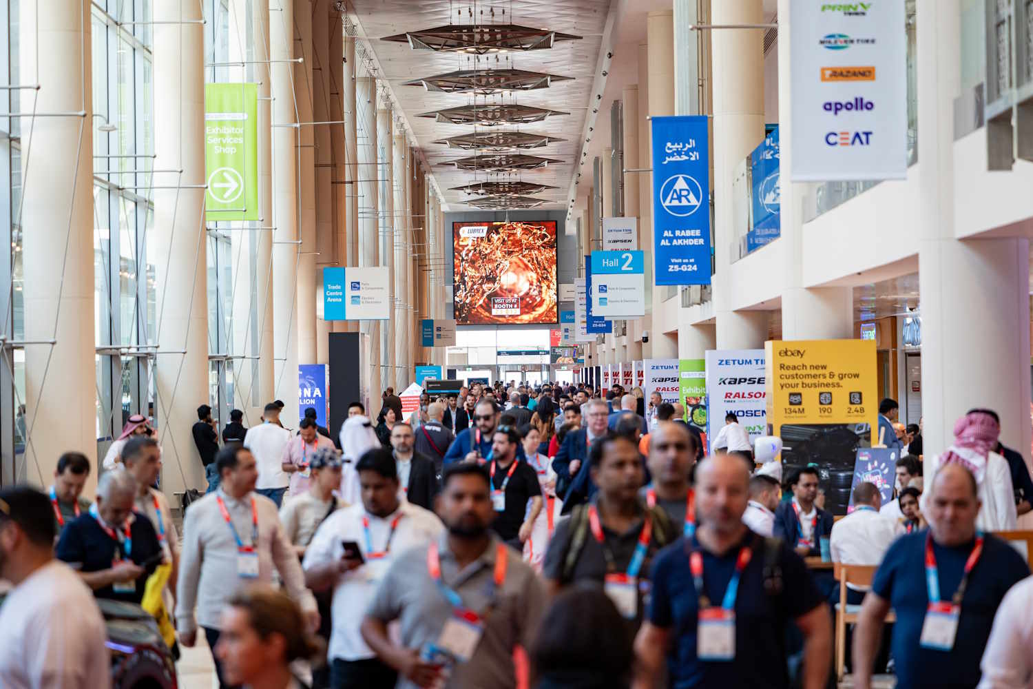 Visitor traffic inside Dubai World Trade Centre during Automechanika Dubai 2025.