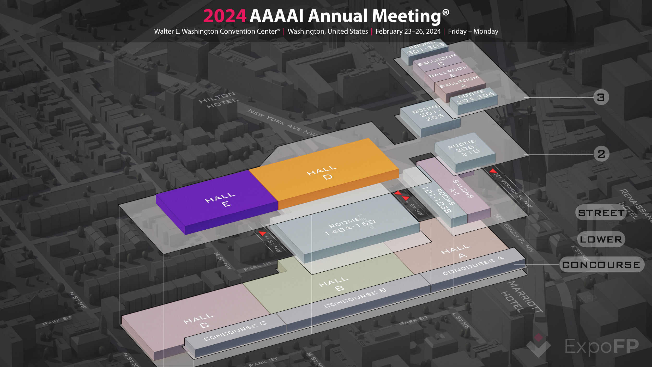 3D floor plan of the 2024 AAAAI Annual Meeting at the Walter E. Washington Convention Center