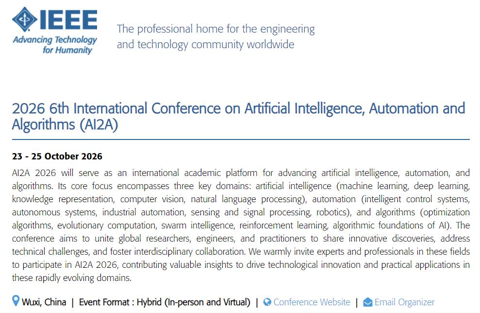 Official imagery from 2026 6th International Conference on Artificial Intelligence, Automation and Algorithms (AI2A 2026)